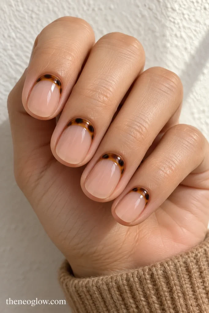 Short oval nails with narrow tortoiseshell cuticle cuffs and open sheer centers.