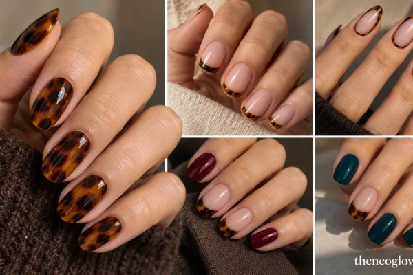 Editorial collage of full-cover amber tortoiseshell, micro French, framed, burgundy-paired and teal-paired manicures.