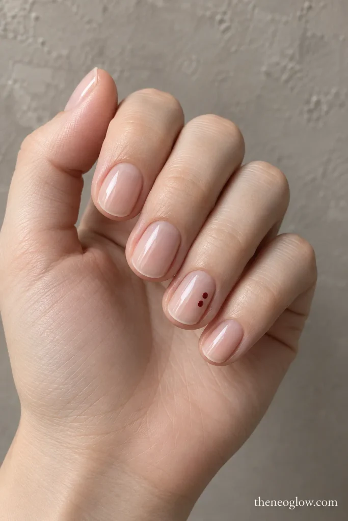 Sheer short oval nails with two tiny oxblood dots on one nude accent nail.