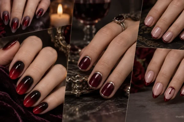 Dark-romantic vampire manicure collage with black-red gradients, silver chrome, sheer crimson effects and refined red French details.Dark-romantic vampire manicure collage with black-red gradients, silver chrome, sheer crimson effects and refined red French details.