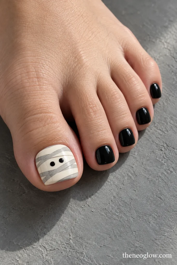 Off-white mummy-wrap big toenail with two black eyes and glossy black smaller toenails
