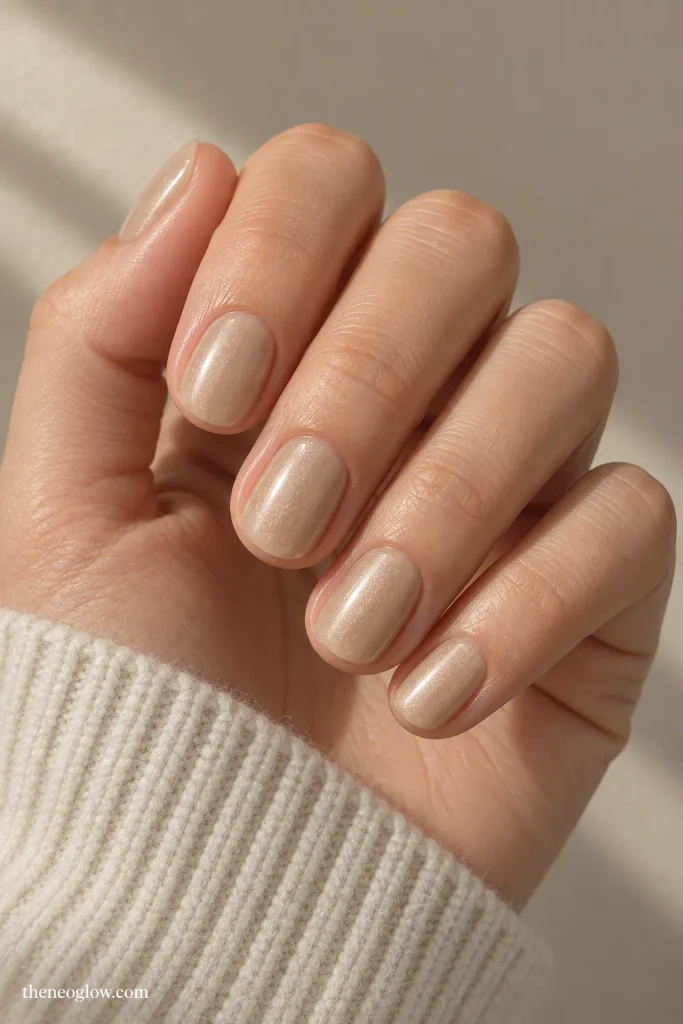 Short oval oat-beige nails with a soft warm pearl sheen and low-contrast reflective finish.