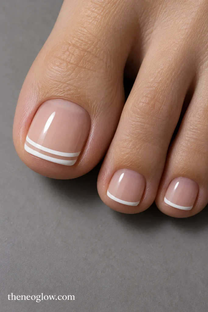 Big toe with two slim white French lines and smaller toes with single white micro tips
