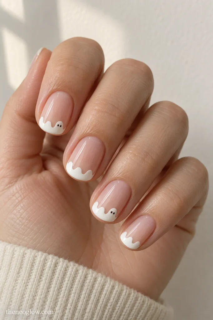 White scalloped ghost French tips with tiny dark eyes on a sheer neutral base.