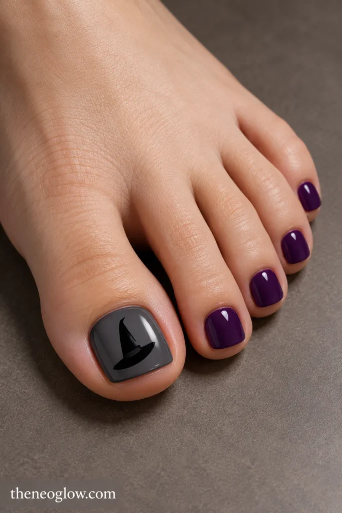 Charcoal big toenail with a simple black witch-hat silhouette and deep-purple smaller toenails halloween toe nails