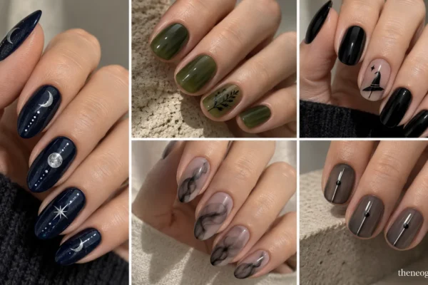 Editorial collage showing five witch nail directions including moon phases, herb accents, a witch-hat silhouette, smoky sidewalls, and a minimal silver-thread design.