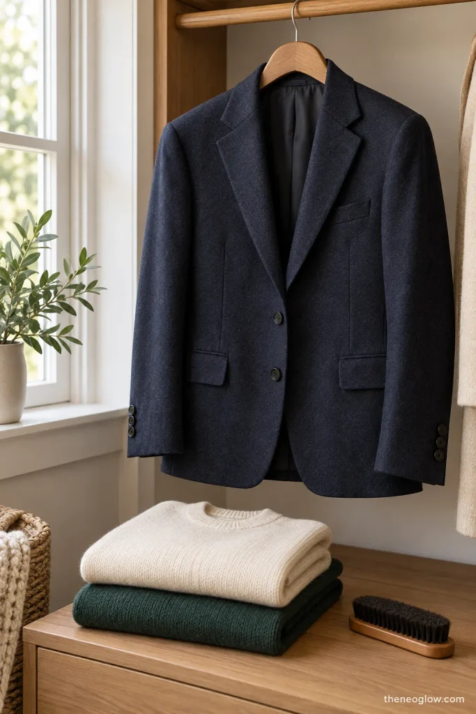 Woven wool jacket on a padded hanger beside a neatly folded knit sweater in a practical garment-care setting.