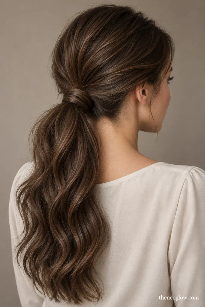 Low ponytail with a section of hair wrapped neatly around the hidden elastic