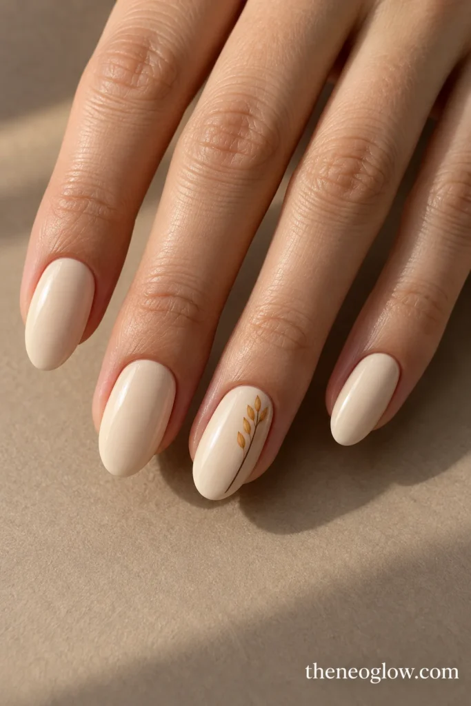 Pale-almond oval nails with a delicate gold-grain wheat stalk on one ring finger.