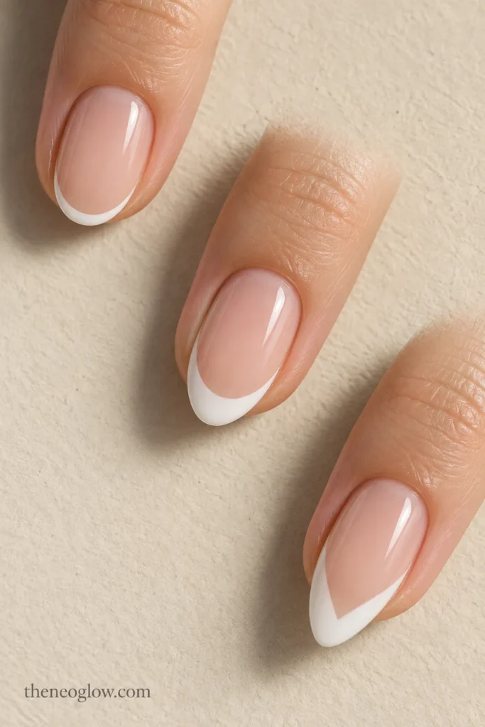 White French tips scaled from a short soft almond to medium and more tapered almond lengths.