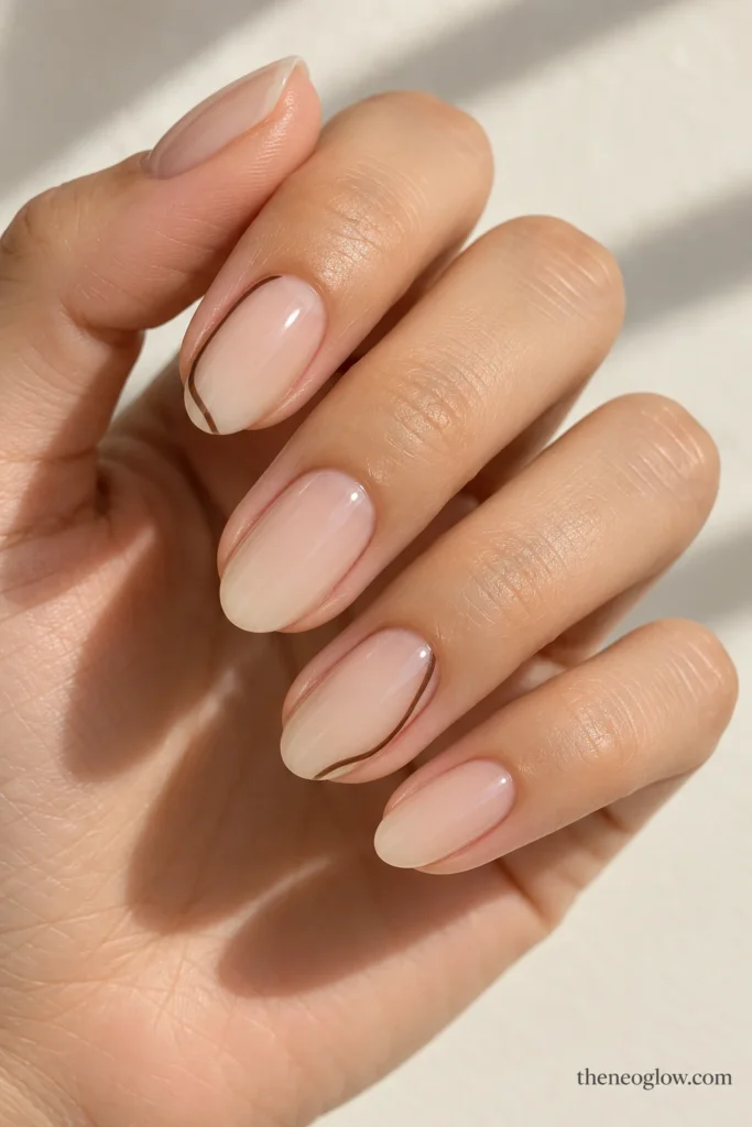 Short almond milk nails with fine broken cocoa side frames on two fingers.