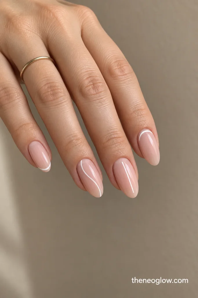 Almond nails showing tip, side, center, and cuticle accent placement over a sheer neutral base.