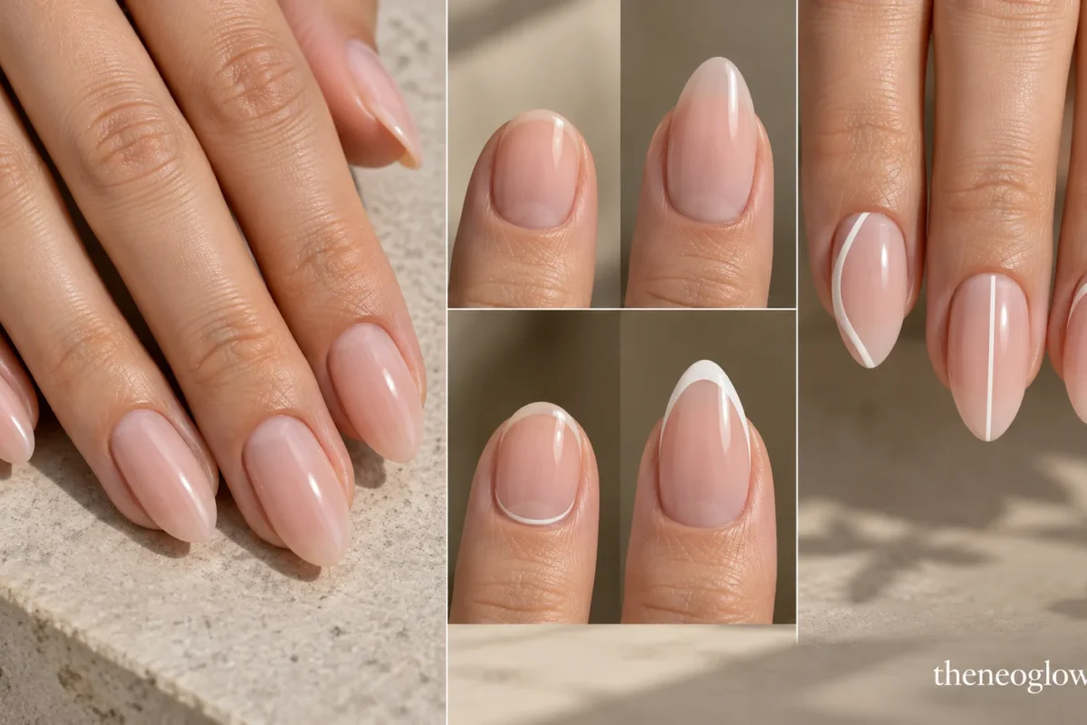 Editorial collage showing true almond shape, short and medium lengths, French-tip scaling, and minimal design placement.