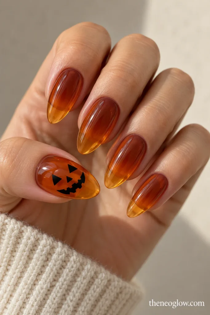 Medium amber jelly almond acrylics with a black jack-o'-lantern face on the thumb.