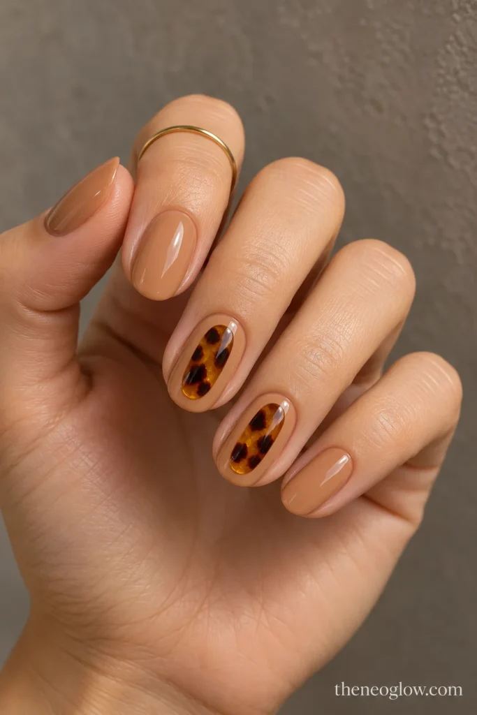 Caramel-cream nails with framed translucent amber tortoiseshell windows on two accents.