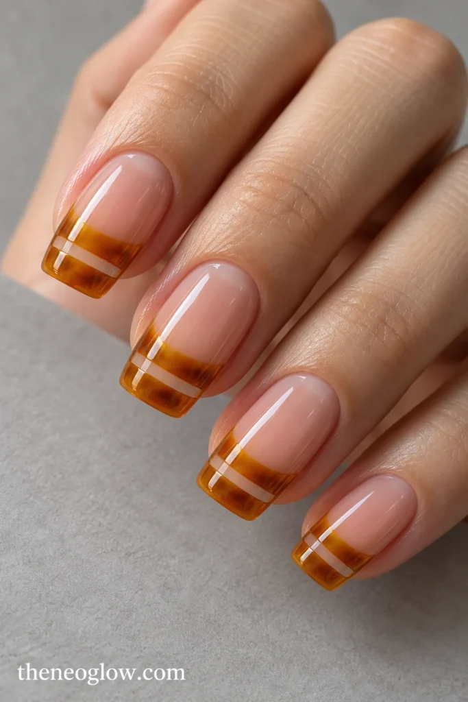 Medium soft-square nails with translucent amber French bands and narrow horizontal clear windows.