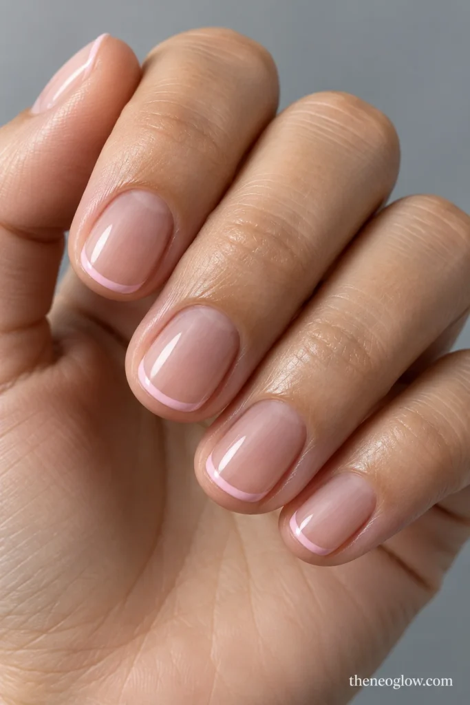 Short round nails with very fine baby-blush French edges over translucent rosy polish.