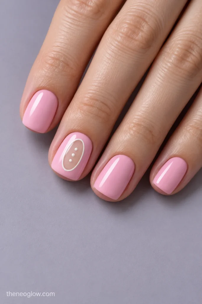 Short cool baby-pink square nails with a translucent ivory-framed oval window and three white frost dots.