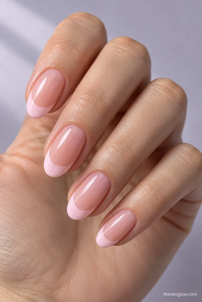 Medium oval nails with glossy ballet-pink curved French tips over a translucent peach-pink base.