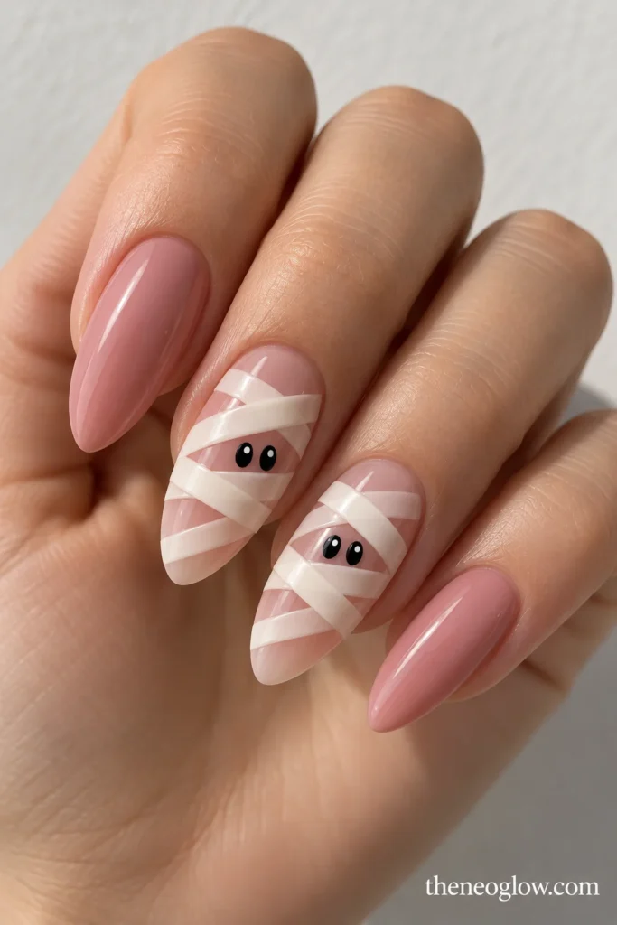 Sheer blush-pink almond acrylics with overlapping ivory mummy bandages on two accent nails.