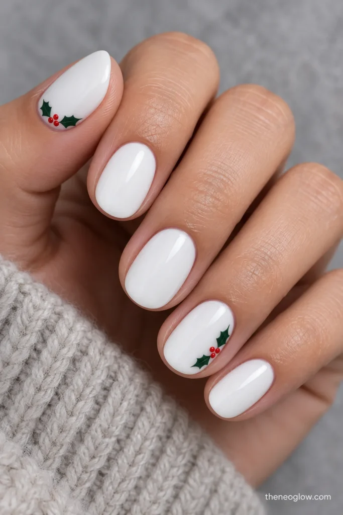 Short glossy porcelain-white oval nails with tiny green holly leaves and cranberry berries near the thumb and ring cuticles.