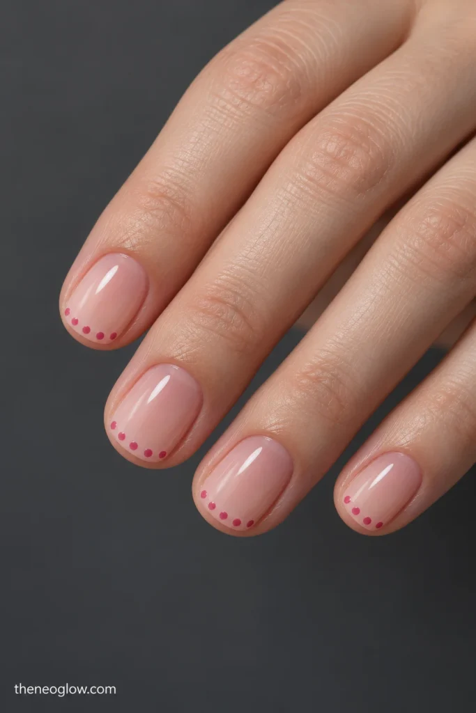 Short squoval nails with separate berry-pink dots forming a curved French rim along each free edge.