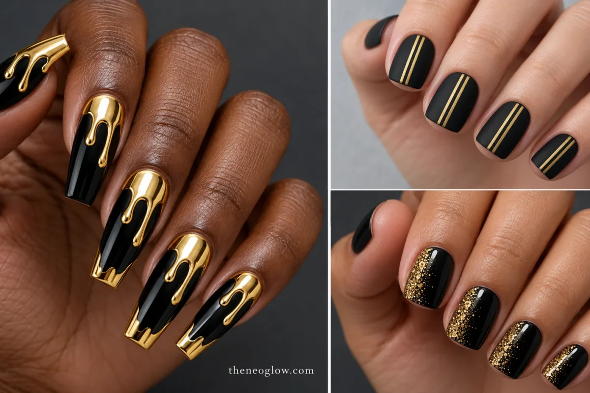 Three-panel collage of matte black nails with gold rails, black nails with gold glitter fades, and coffin nails with gold drips.