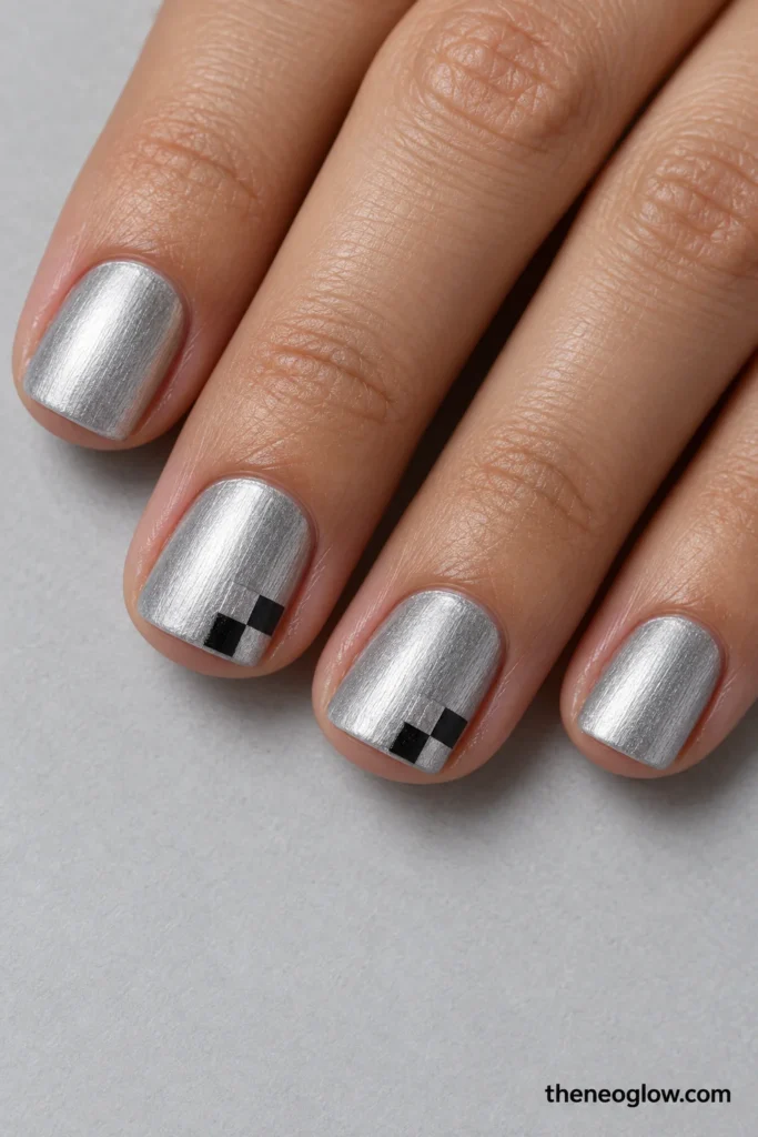 Short brushed-silver square nails with small black-and-silver checker patches on the middle and ring nail corners.