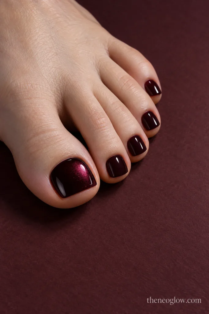 Black-cherry pedicure with a small off-center magnetic halo on the big toe and glossy smaller toes.