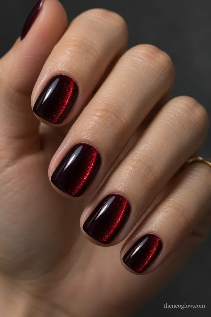 Short black-cherry nails with an off-center crimson magnetic flash