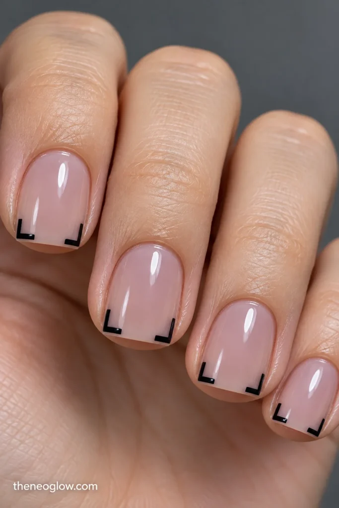 Short square nails with black L-shaped corner brackets and an uncovered center at each tip.