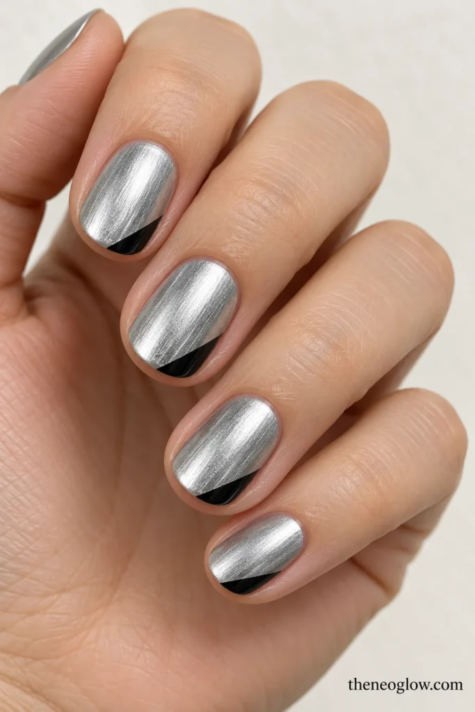 Short oval brushed-silver nails with thin black diagonal wedges at their outer tip corners.