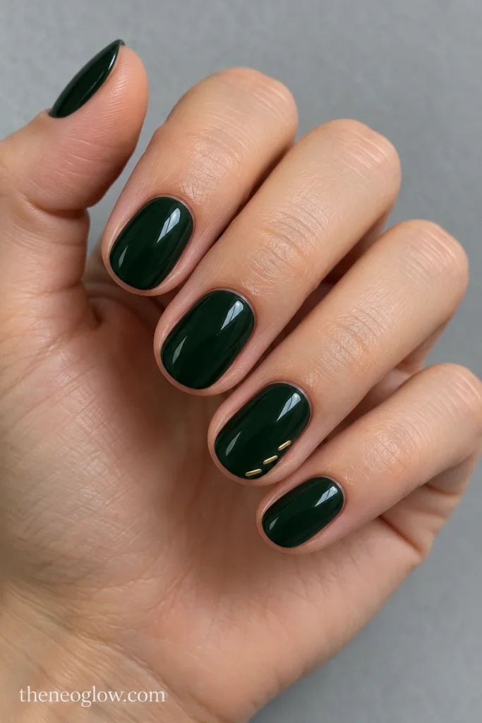 Short glossy black-forest oval nails with three tiny champagne-gold tip-edge dashes on the ring finger.