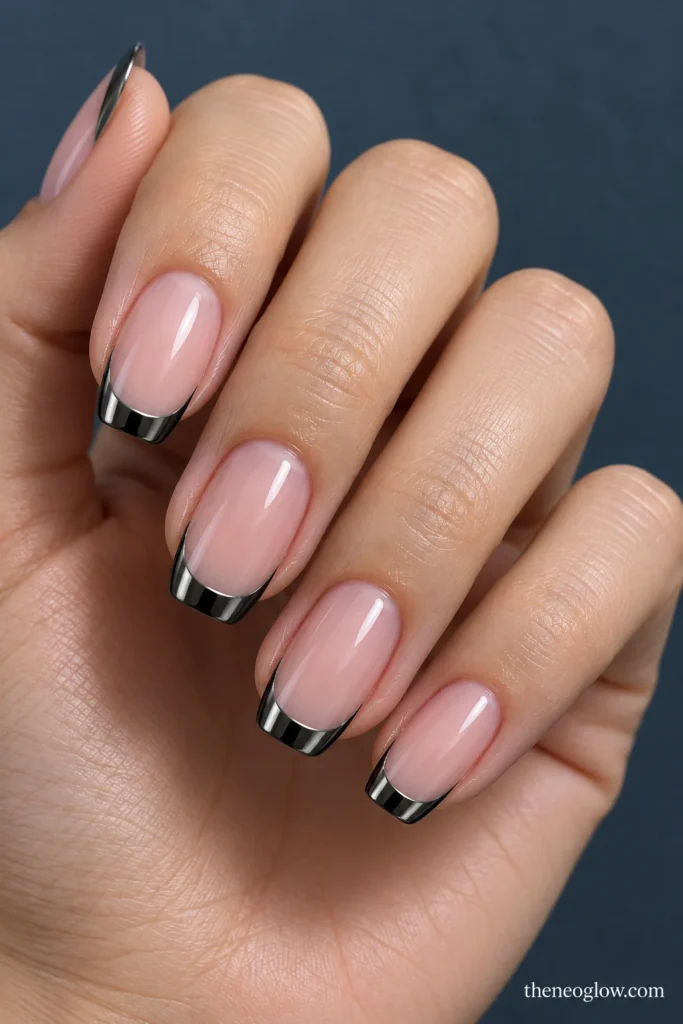 Soft-square nails with glossy black French tips outlined by a fine silver-chrome smile line.