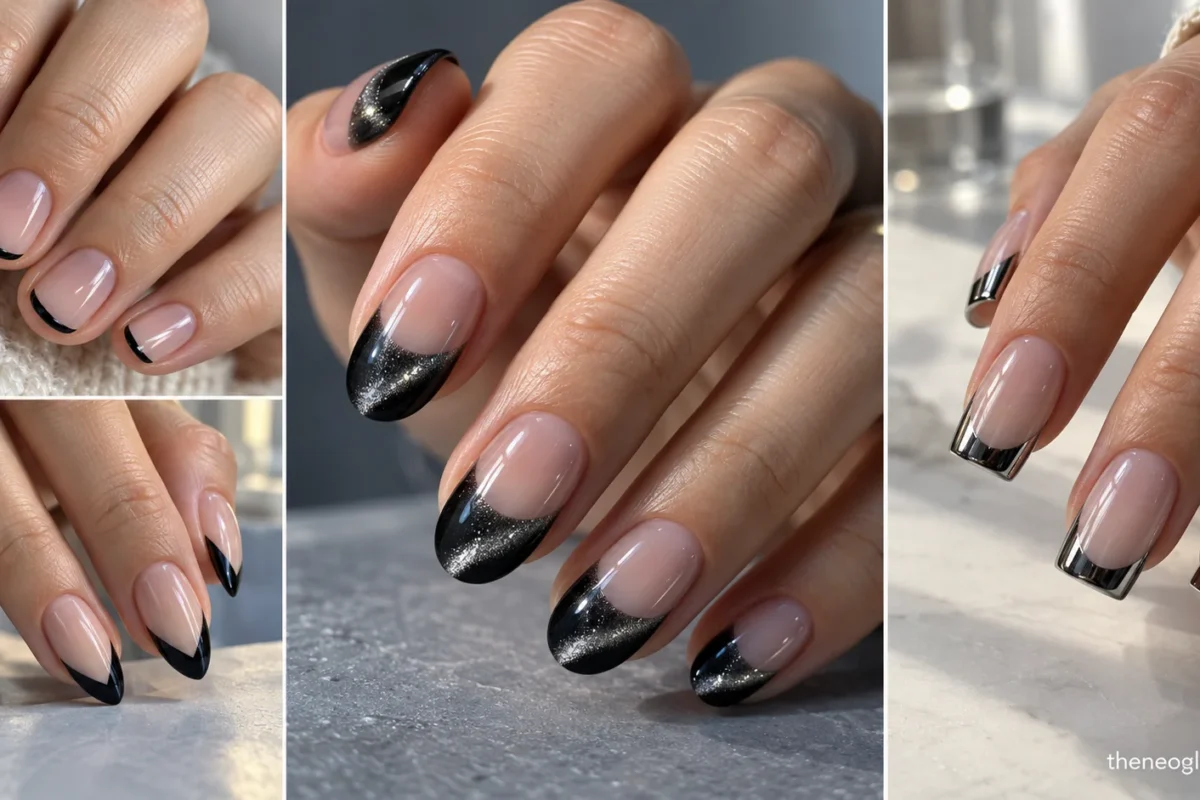 Four-panel collage of fine black round tips, black V tips, gunmetal chrome rims, and black cat-eye French tips.