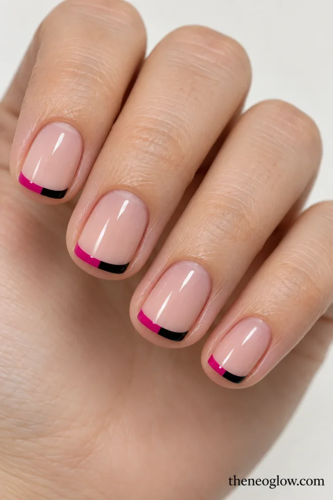 Blush nails with shallow micro French tips split between glossy black and fuchsia.