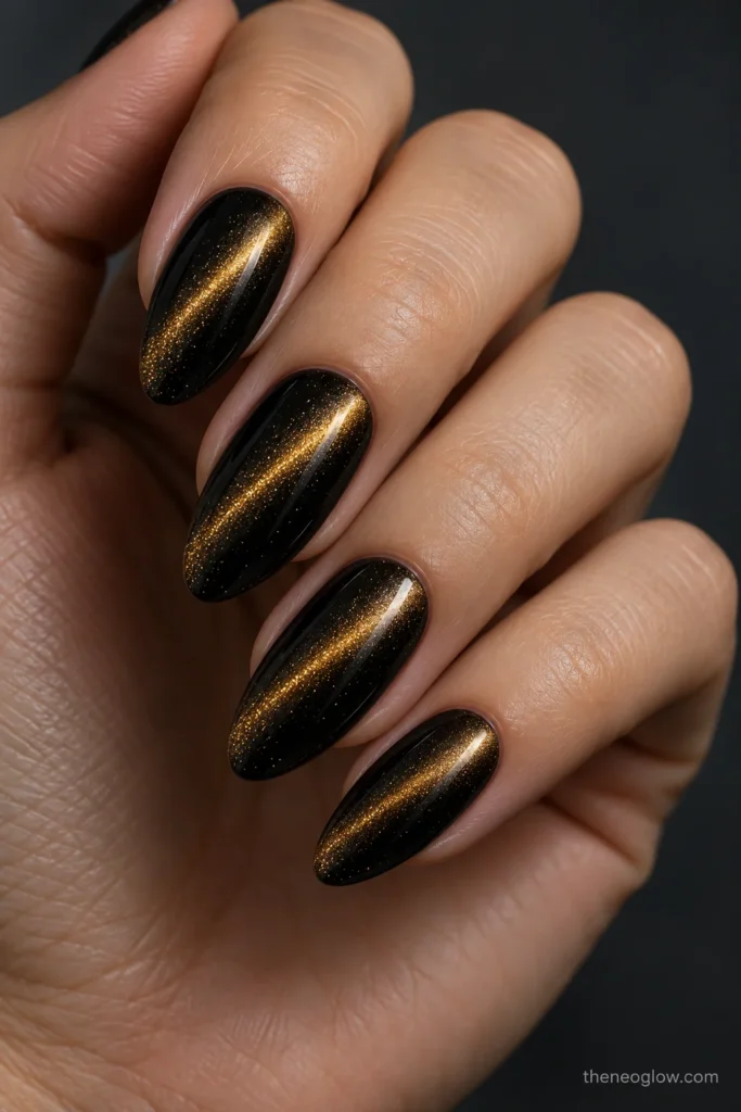 Medium almond black cat-eye nails with narrow diagonal golden magnetic beams.