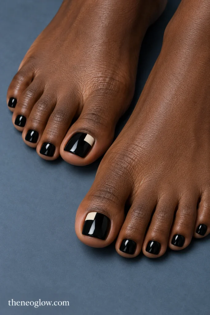 Glossy black toenails with small ivory rectangular blocks at the outer corners of the big toenails.