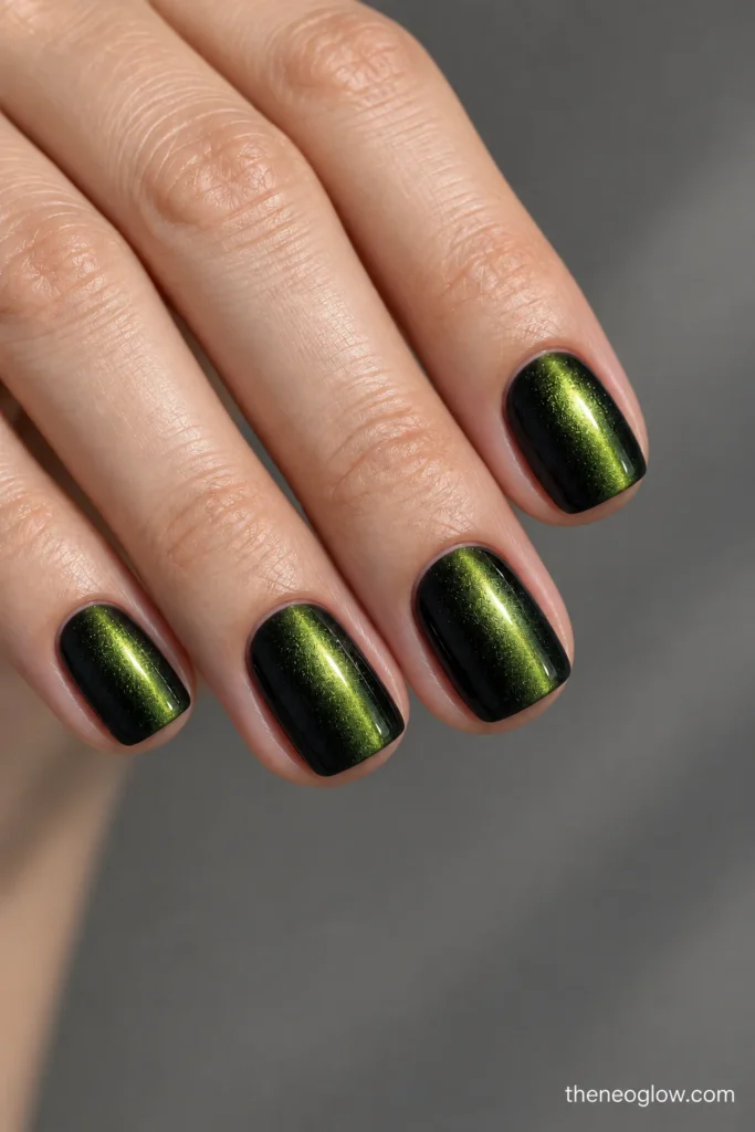 Short square black nails with narrow off-center lime-green magnetic streaks