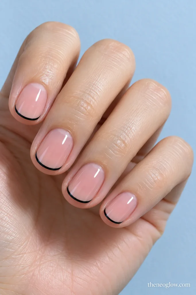 Very short round nails with glossy black hairline French tips over a clear rosy base.