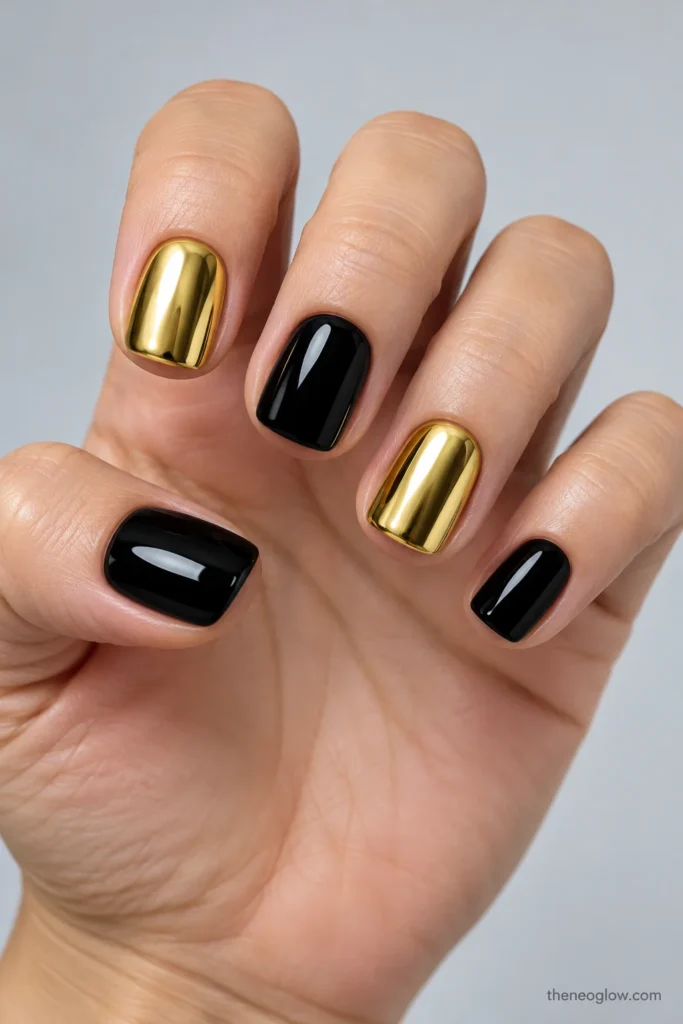 Short squoval nails with three glossy black nails and two full yellow-gold mirror chrome accent nails.