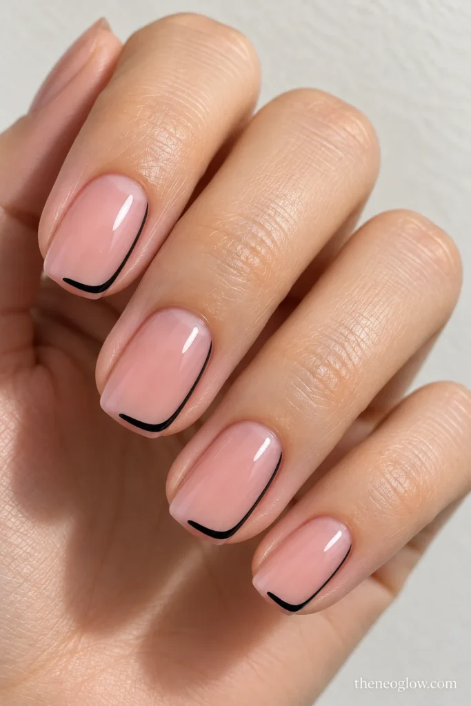 Tapered-square nails with black French bands and a centered rectangular negative-space notch.