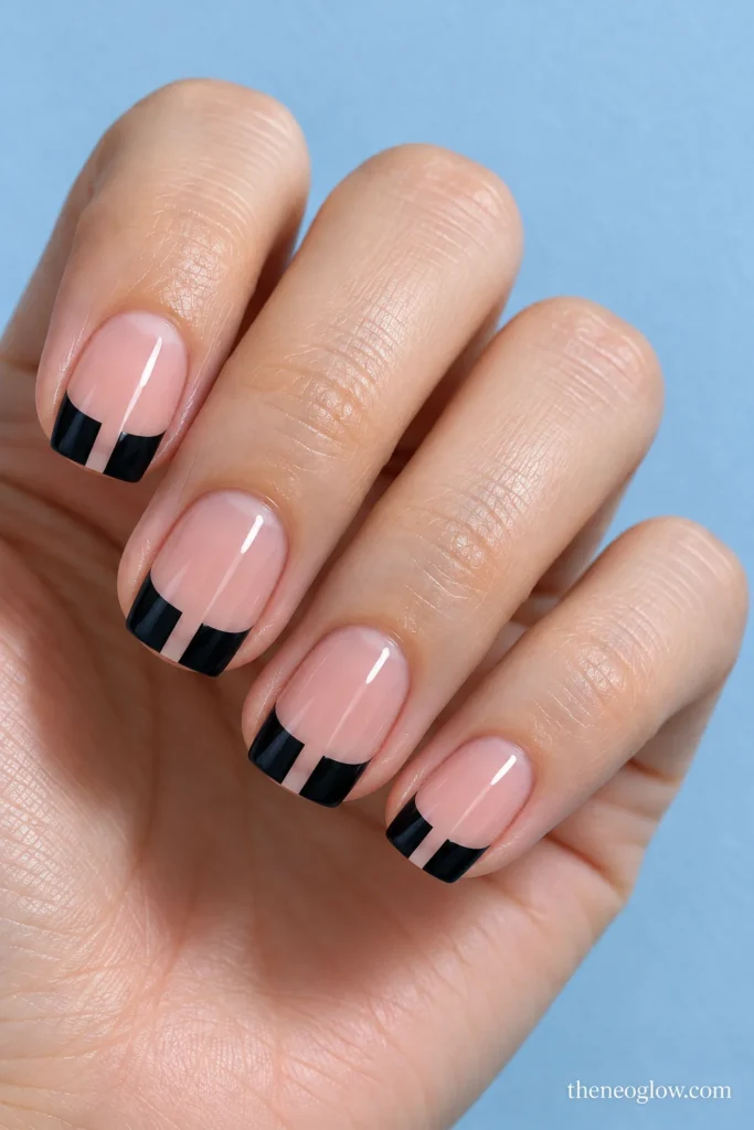 Round nails with filled black French tips and a separate thin black echo arc underneath.