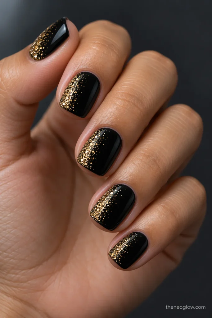 Short glossy black squoval nails with warm-gold glitter concentrated along the left sides and fading inward.