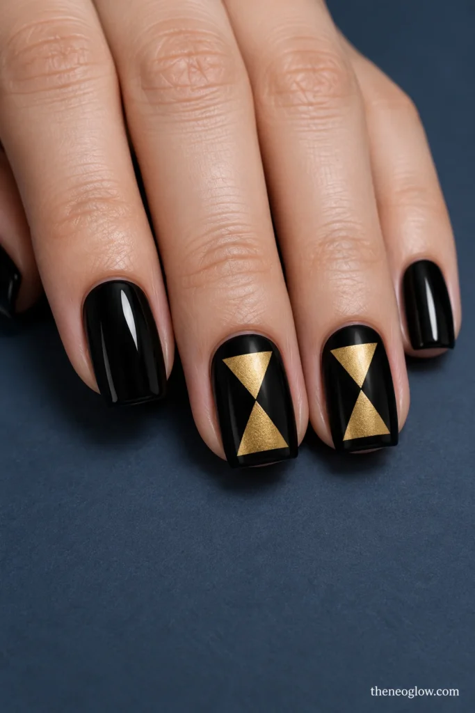 Glossy black medium squoval nails with opposing muted-gold triangles on the middle and ring fingers.