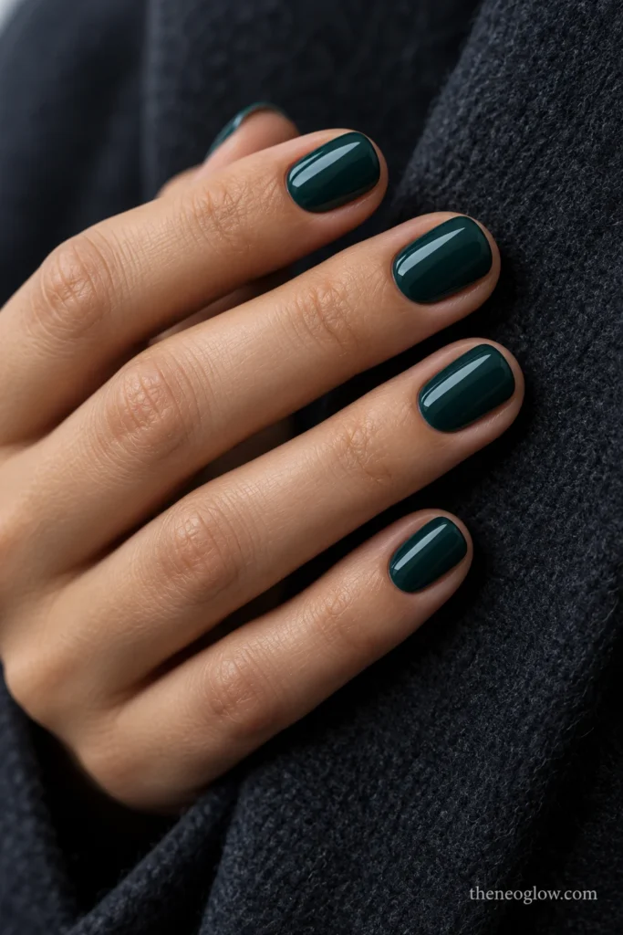 Short round nails with glossy deep blue-green pine polish, almost black but visibly green.