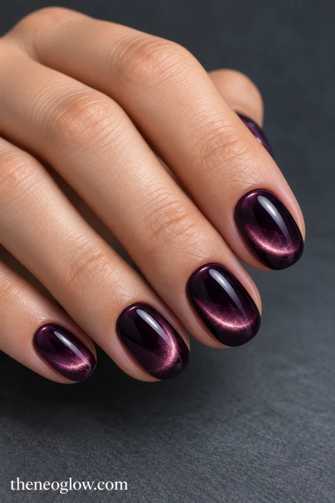 Compact oval acrylic nails in glossy blackened plum with curved magnetic-shimmer crescents.
