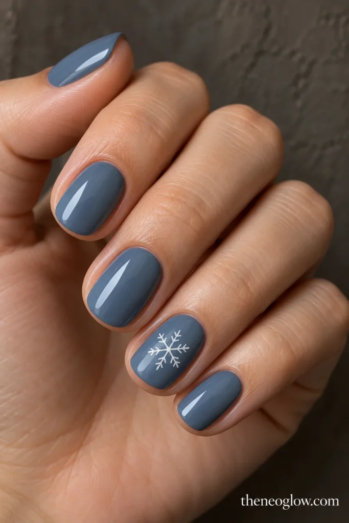 Short blue-gray round nails with one off-center white snowflake on a ring finger.