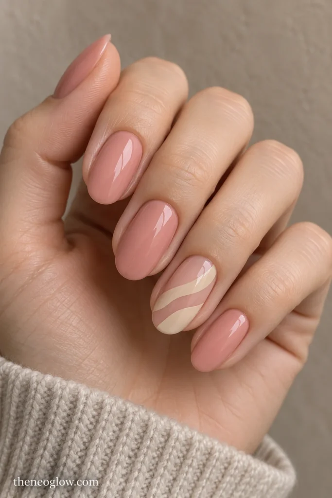 Blush oval nails with two curved biscuit-beige bands on one accent finger.