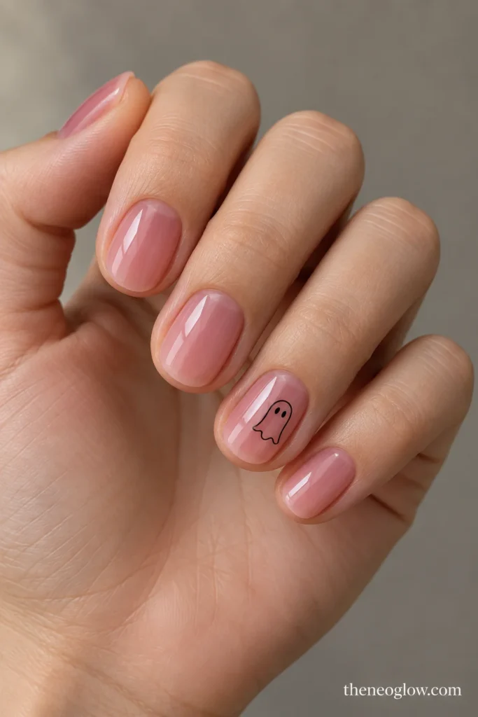 Short blush jelly oval nails with one fine black ghost-outline accent.